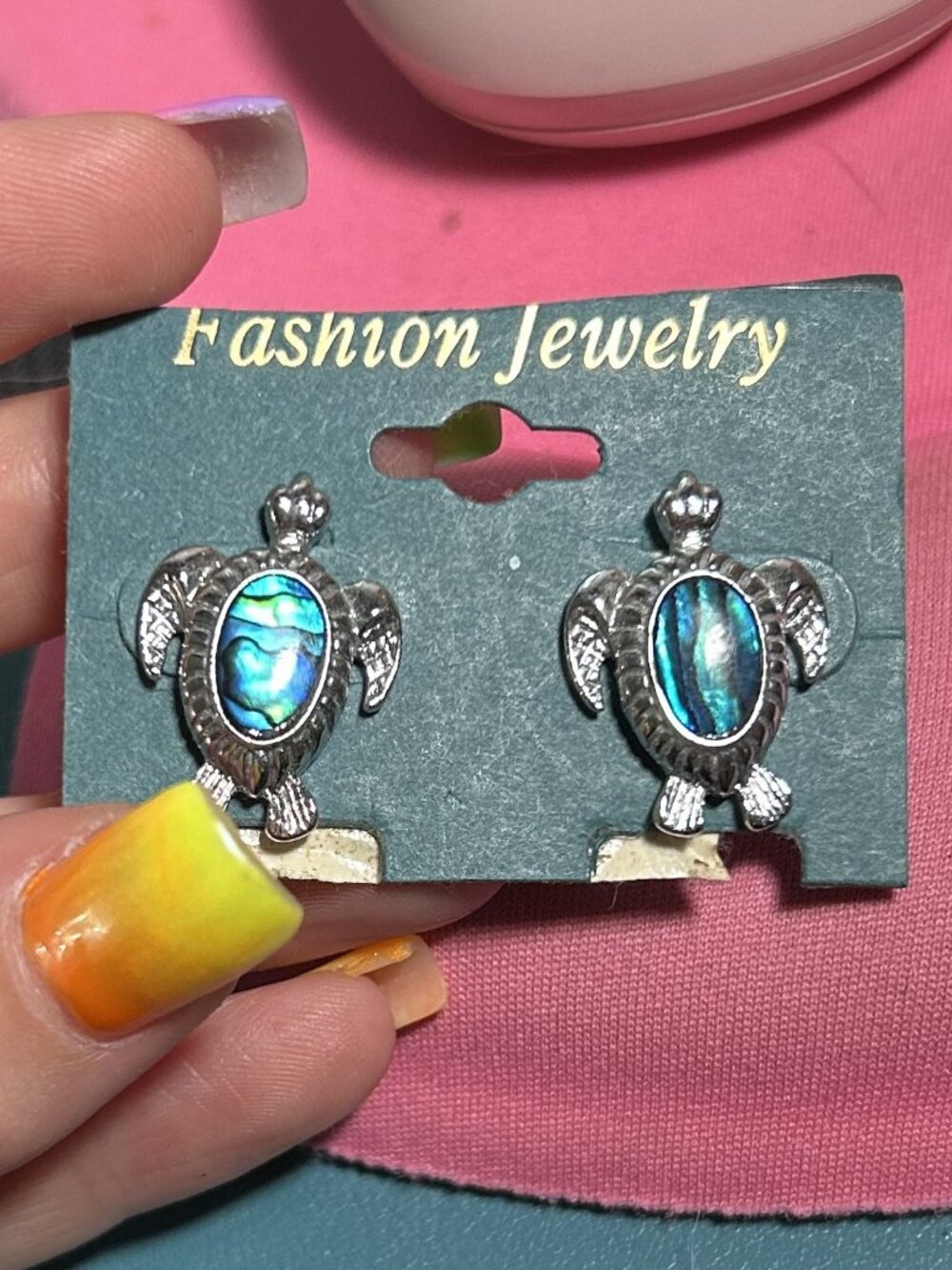 Silvertone Sea Turtle Stud Earrings Blue Paua Abalone Shell Inlay